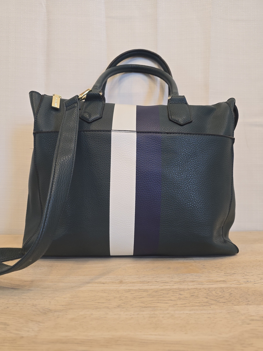 Steve Madden Dollys Faux Leather Tote In Dark Green with Navy and White Stripes
